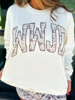 White WWJD Camo Letter Printed Long Sleeve Top