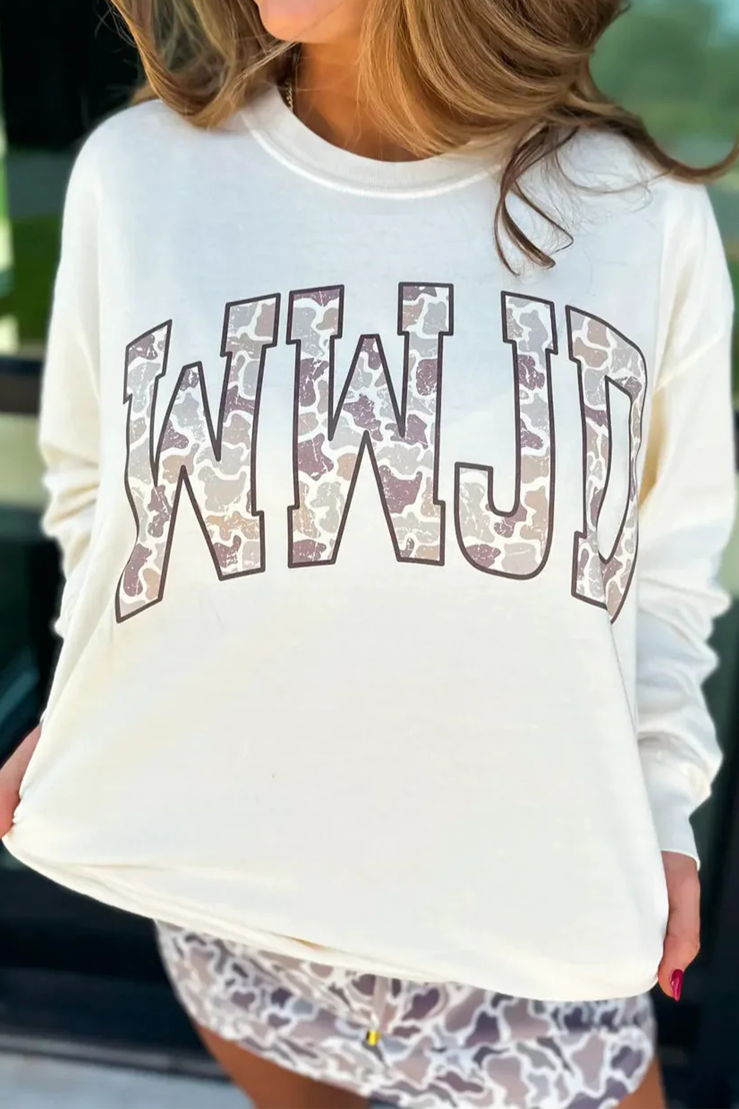 White WWJD Camo Letter Printed Long Sleeve Top