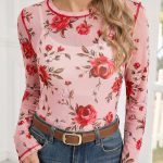 Pink Floral Print Exposed Seam Detail Mesh Long Sleeve Top