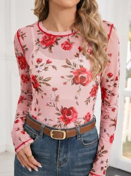 Pink Floral Print Exposed Seam Detail Mesh Long Sleeve Top
