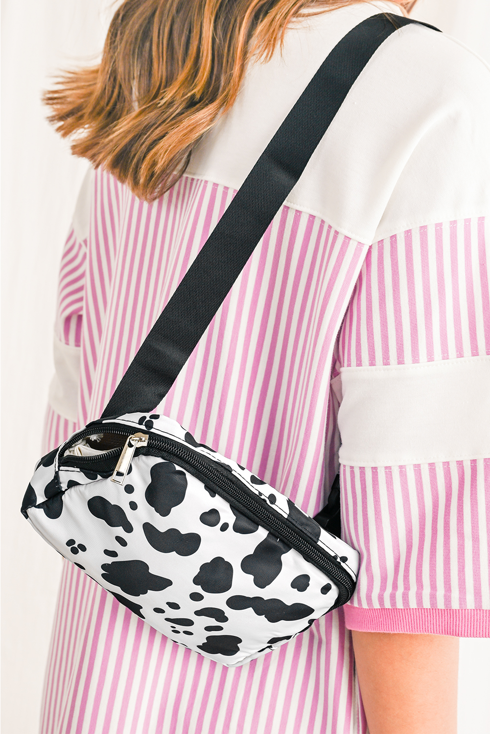 White Cow Pattern Print Buckle Wide Belt Inclined Shoulder Bag - Image 2