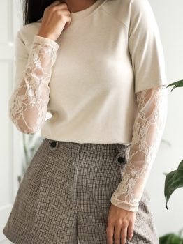 Jet Stream Solid Color Lace Patchwork Long Sleeve T Shirt