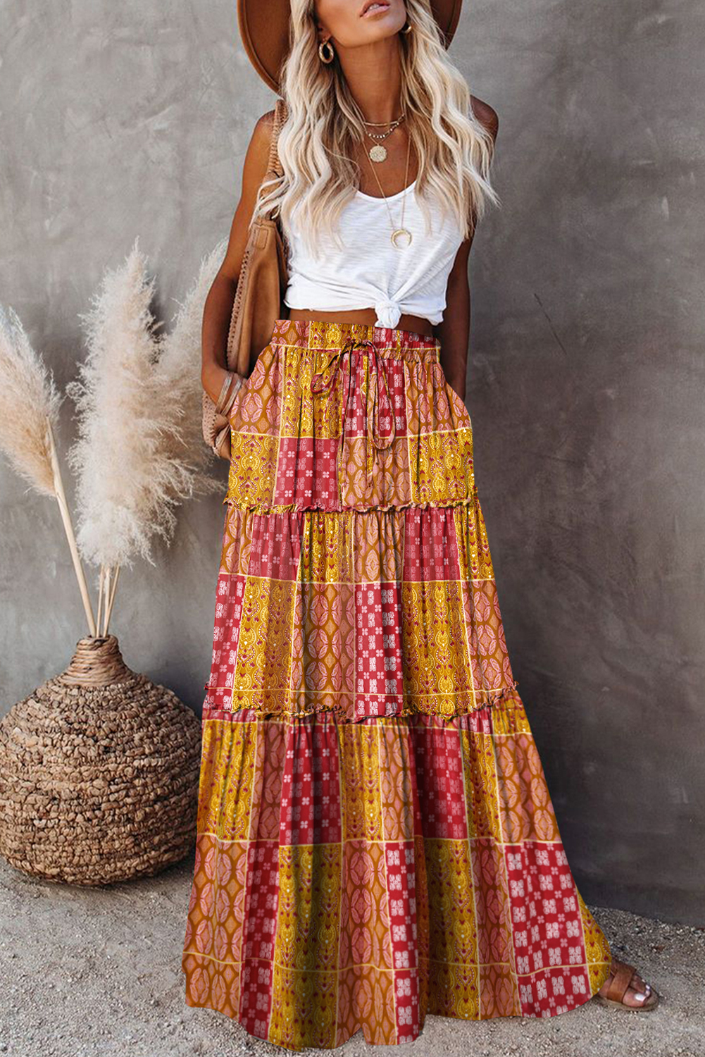 Orange Tiered Paisley Print Pocketed Maxi Skirt - Image 4