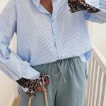 Sky Blue Stripe Ruffled Leopard Patchwork Long Sleeve Button Down Loose Shirt