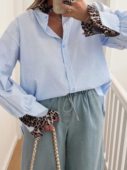 Sky Blue Stripe Ruffled Leopard Patchwork Long Sleeve Button Down Loose Shirt
