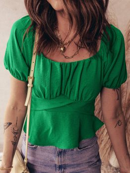 Dark Green Solid Color Ruched Crossed Waist Tied Back Short Sleeve Peplum Top