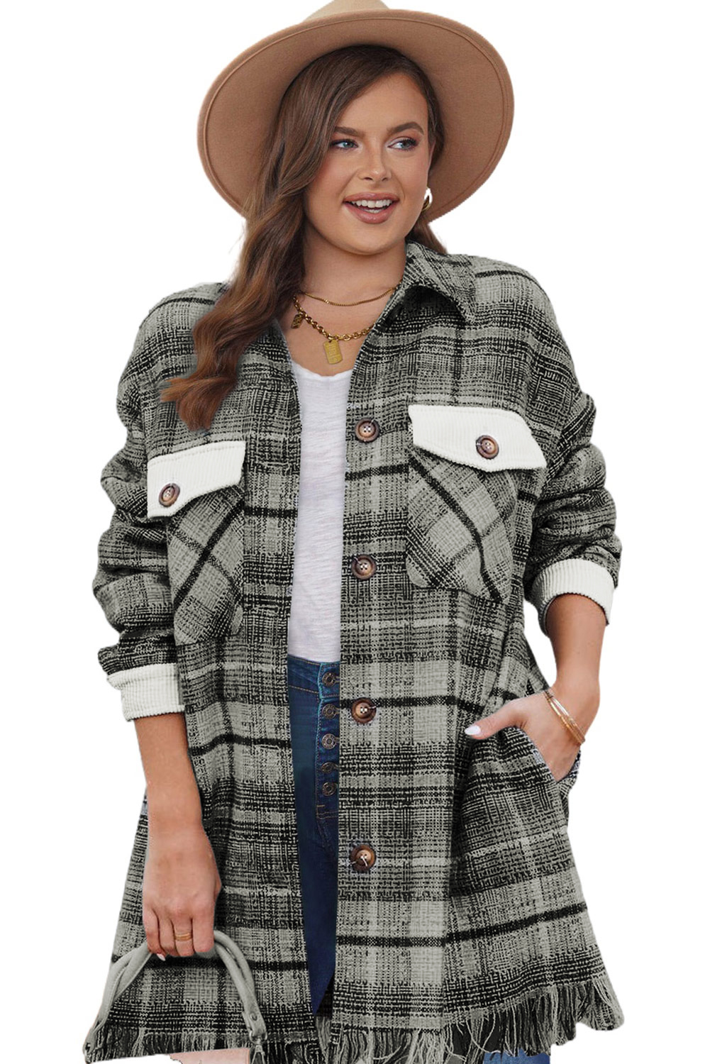 Black Plus Size Macrame Plaid Coat - Image 4