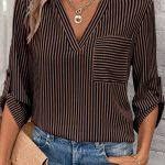 Brown Stripe V Neck Roll Up Sleeve Pocket Patched Classic Shirt
