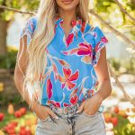 Sky Blue Floral Print V Neck Pompom Trim Flutter Sleeve Blouse