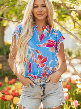 Sky Blue Floral Print V Neck Pompom Trim Flutter Sleeve Blouse