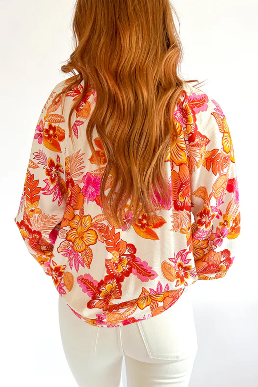 Orange Floral Print Pearl Button Keyhole Long Puff Sleeve Blouse - Image 2
