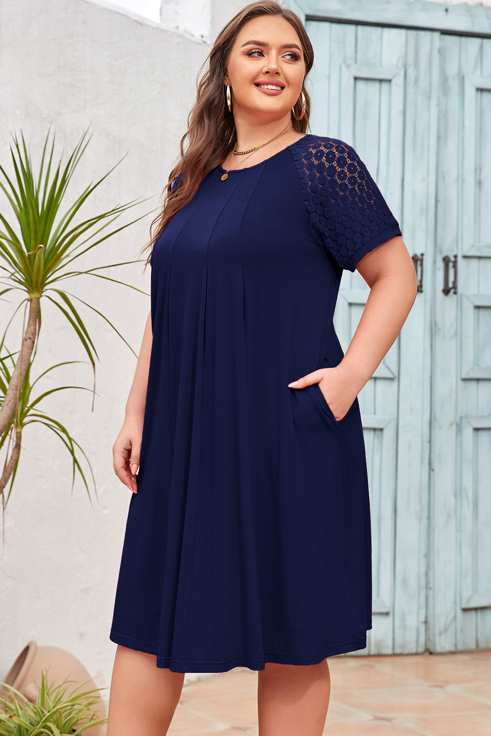 Navy Blue Plus Size Solid Color Lace Short Sleeve Pleated Swing Dress - Image 3