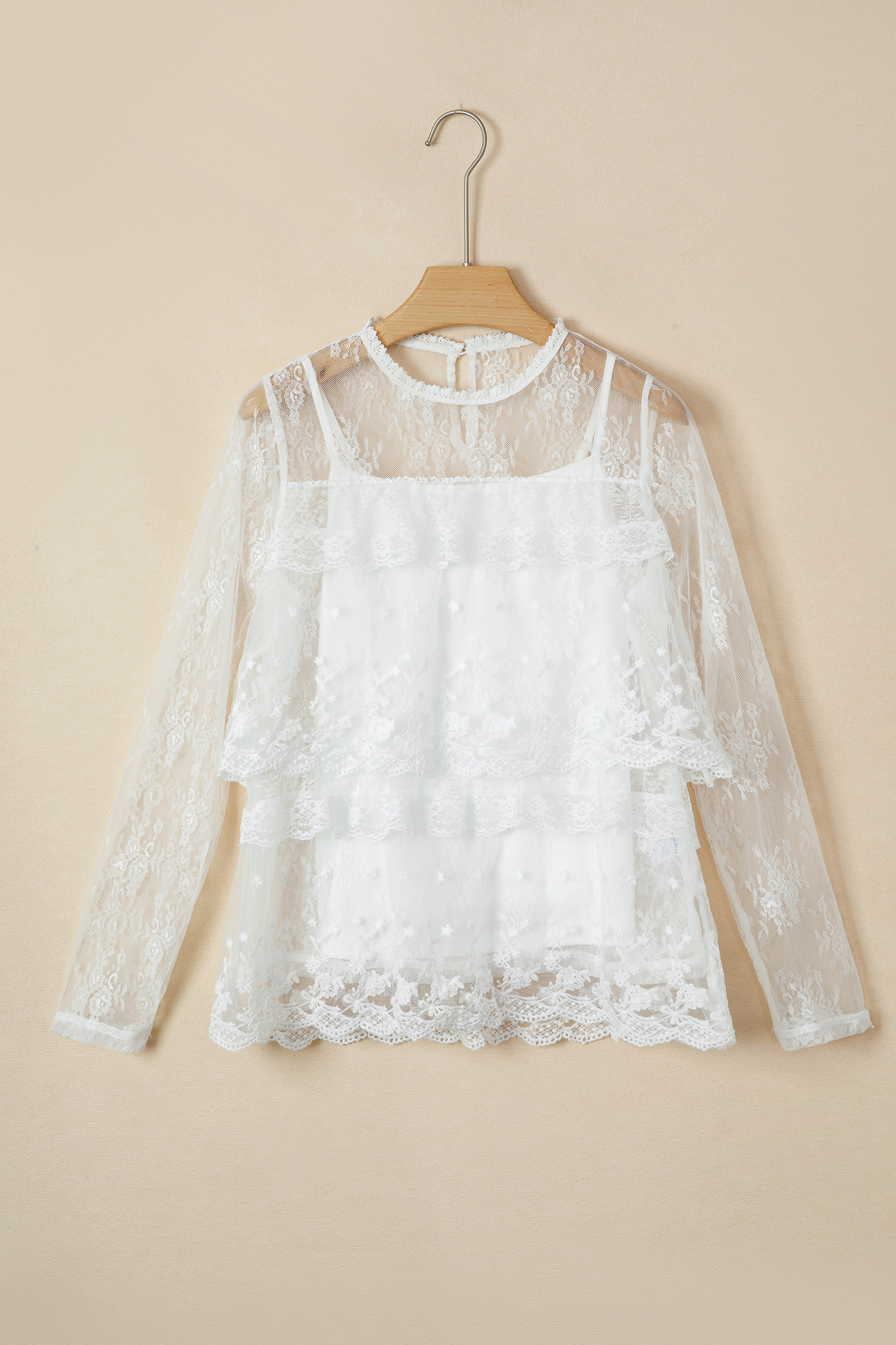 White 2pcs Sheer Floral Lace Ruffle Tiered Patchwork Blouse - Image 4