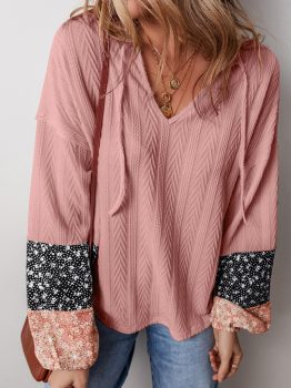Dusty Pink Floral Patchwork Textured Knit Drawstring V Neck Blouse