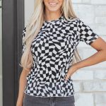 Black Checkered Print Mock Neck Mesh T Shirt