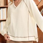 Beige Exposed Seam Textured Knit V Neck Pullover Top