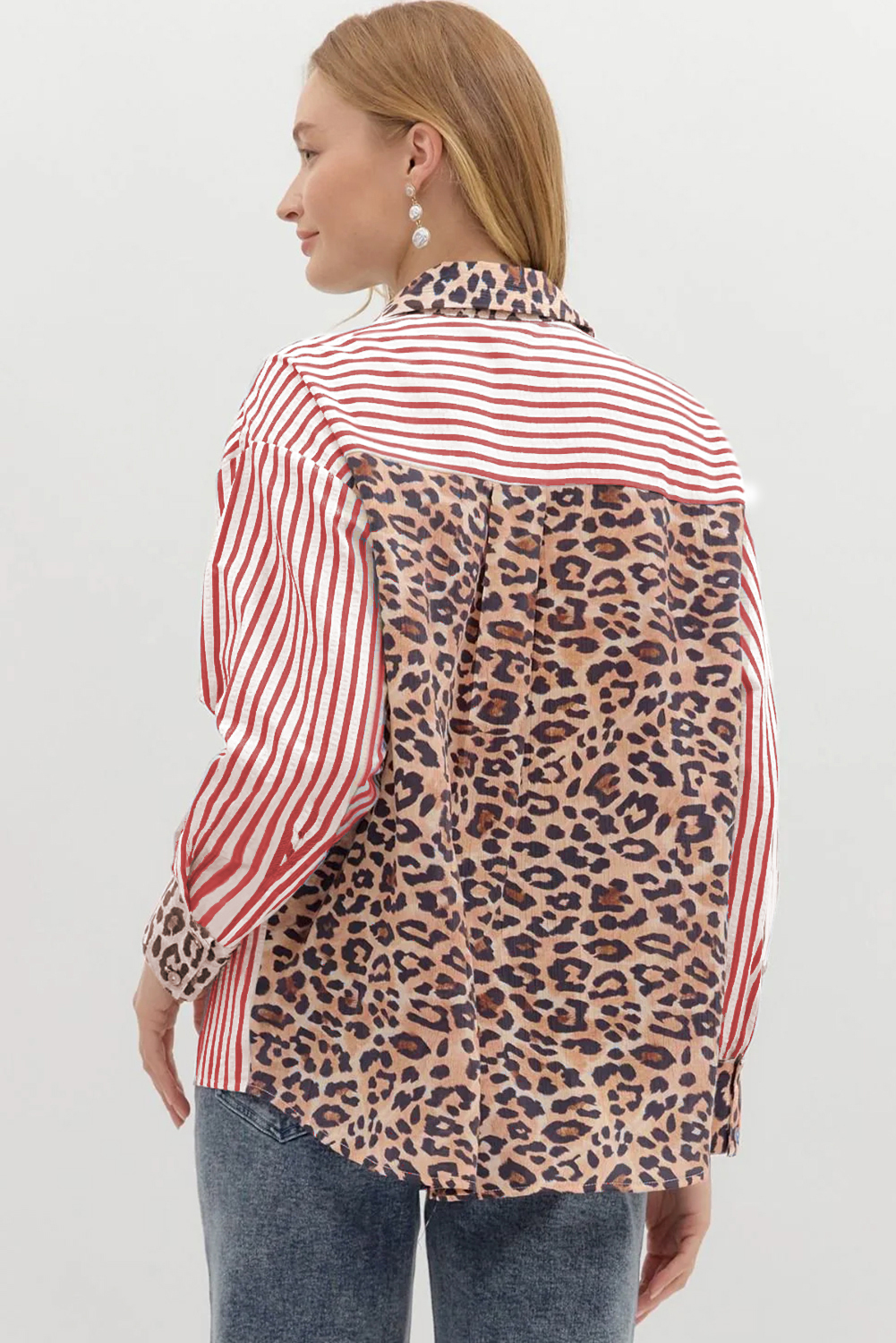 Racing Red Striped Leopard Print Patchwork Button Up Womens Shirt - Image 2
