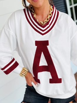 Red Dahlia Chenille Letter A Graphic Varsity Striped V Neck Puff Sleeve Sweatshirt