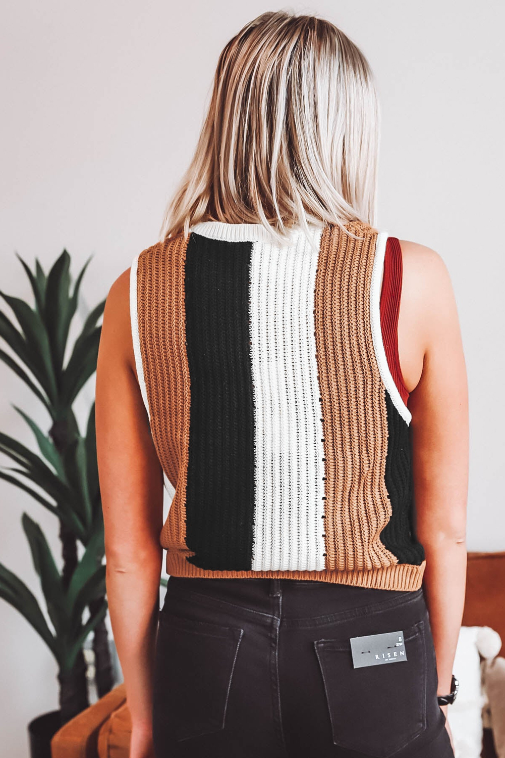 Khaki Stripe Color Block Sleeveless Knitted Sweater Vest - Image 8