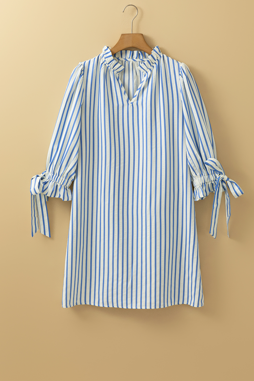 Sky Blue Stripe Knotted Bracelet Sleeve Notched Neck Shift Mini Dress - Image 5
