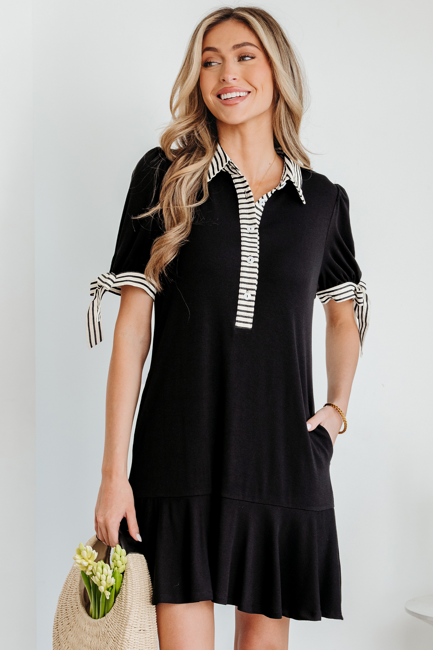 Black Stripe Detail Polo Collar Half Buttons Tied Short Sleeve Shift Mini Dress