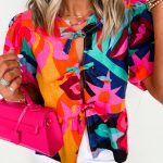 Red Abstract Floral Print Front Tied Puff Sleeve Babydoll Blouse