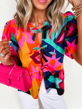 Red Abstract Floral Print Front Tied Puff Sleeve Babydoll Blouse