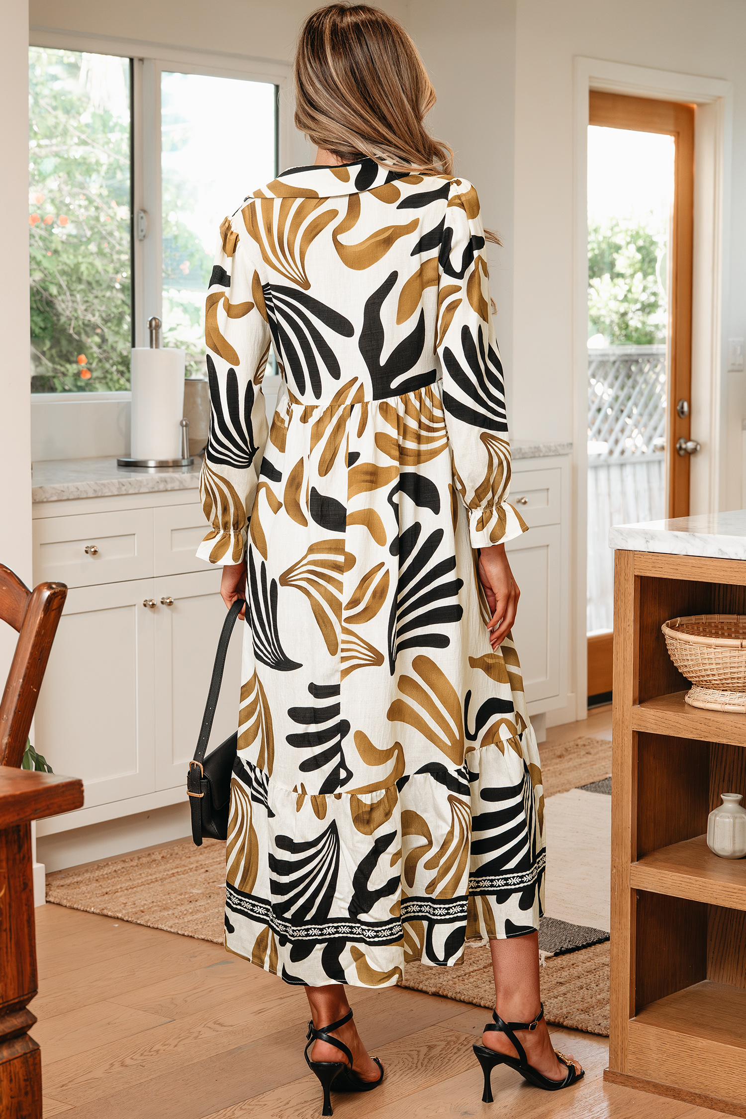 Brown Tropical Printed Contrast Trim Neck Long Sleeve Ruffle Hem Dress - Image 2