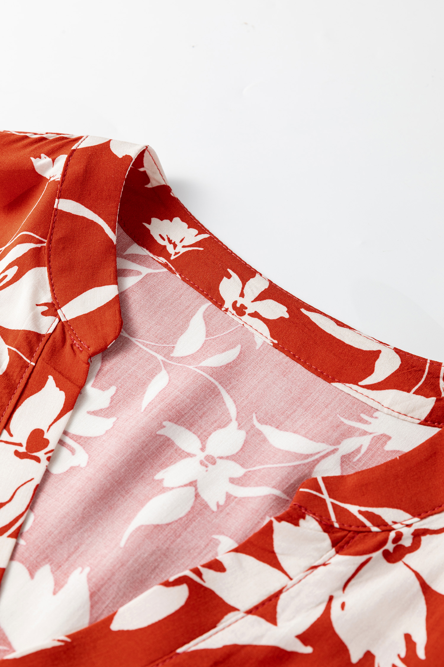 Red Boho Floral Print Lettuce Trim 3/4 Sleeve Mini Dress - Image 5