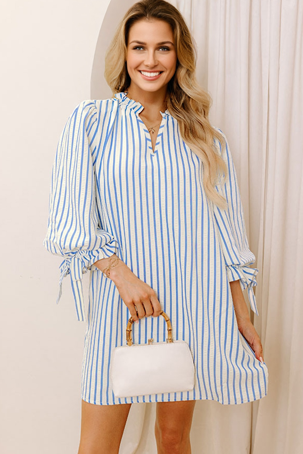Sky Blue Stripe Knotted Bracelet Sleeve Notched Neck Shift Mini Dress - Image 4