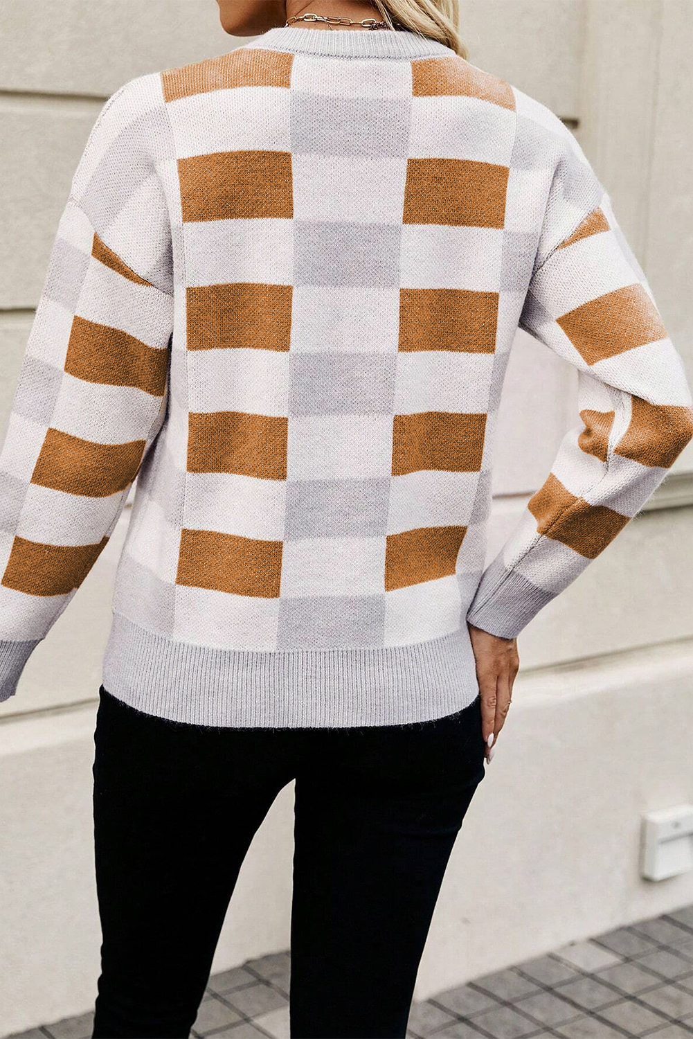 Khaki Checkered Ribbed Edge O Neck Drop Shoulder Sweater - Image 7