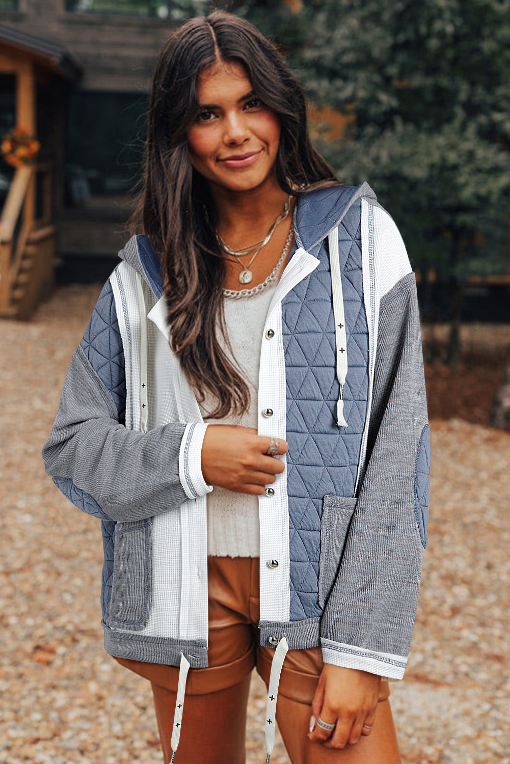 Light Blue Quilted Textured Patchwork Loose Fit Hooded Jacket - Image 3