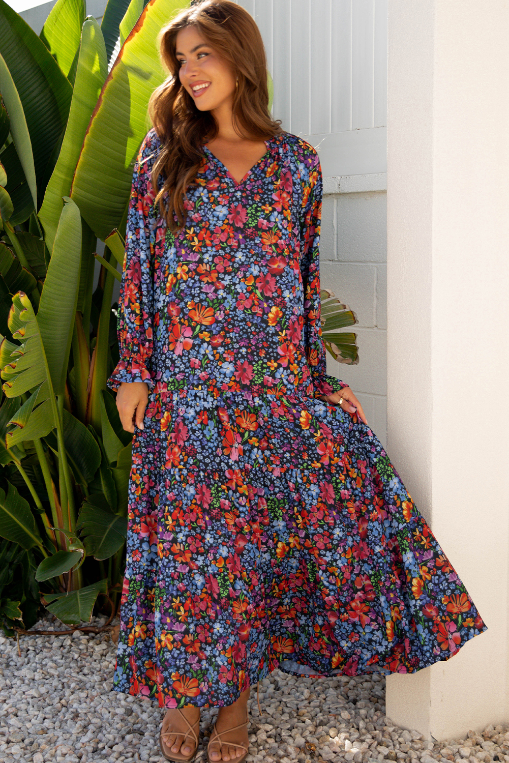 Blue Floral Print Tassel Tie V Neck Long Sleeve Flowy Long Dress - Image 4