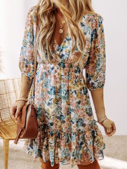 Sky Blue Floral 3/4 Sleeve V Neck High Waist Ruffled Dress