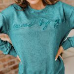 Sea Green saved by grace Letter Embroidery Mineral Wash Loose Sweatshirt