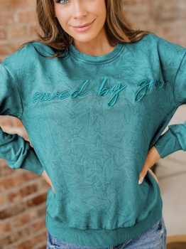 Sea Green saved by grace Letter Embroidery Mineral Wash Loose Sweatshirt