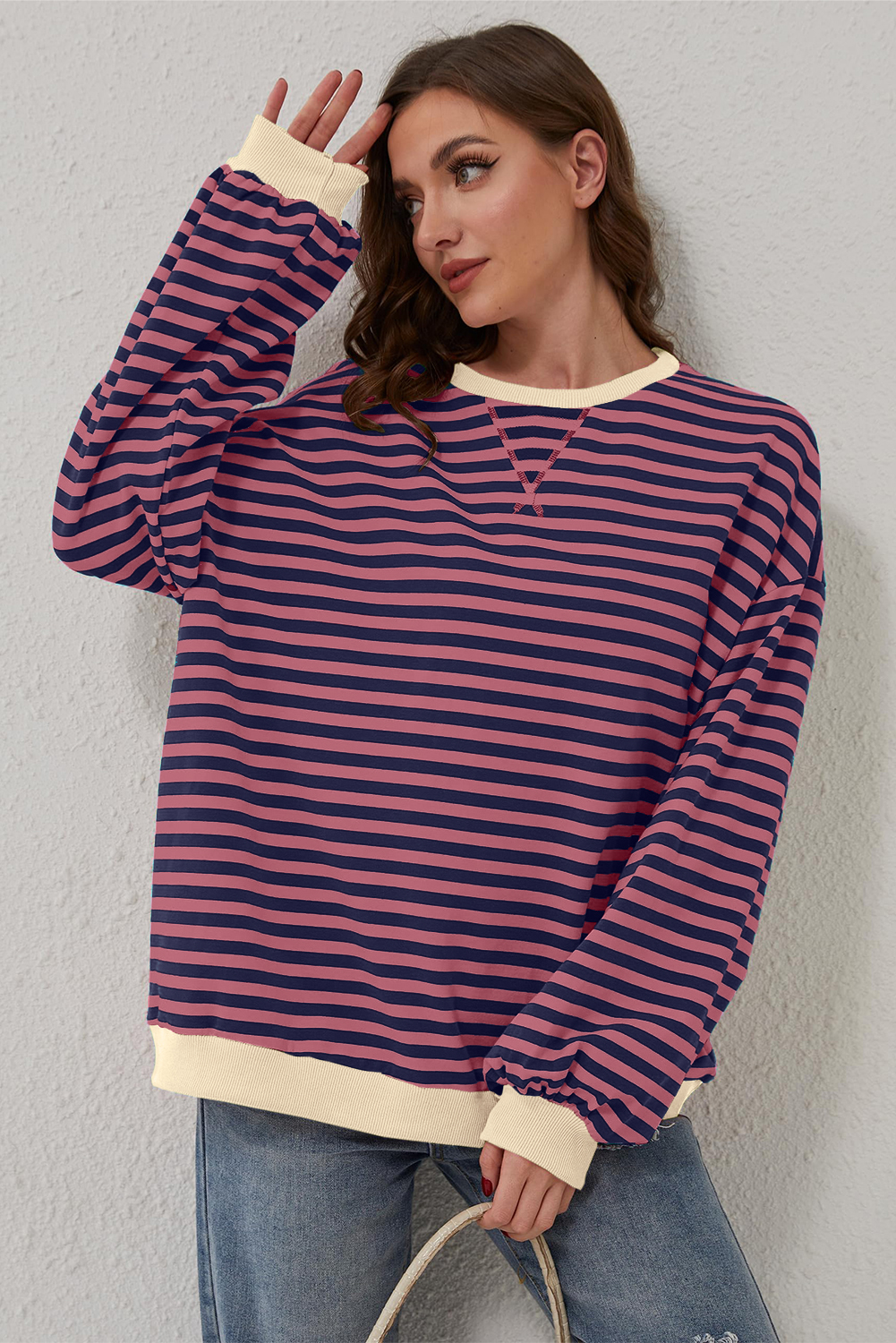 Red Stripe Oversized Contrast Trim Pullover Sweatshirt - Image 6