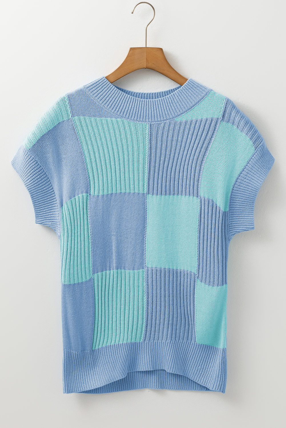 Light Blue Checkered Color Block Crew Neck Short Sleeve Sweater - Image 5