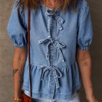 Dusk Blue Tied Front Bubble Sleeve Peplum Denim Shirt