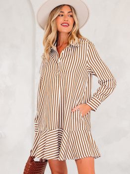 Brown Stripe Ruffled Hem Collared Long Sleeve Shirt Mini Dress