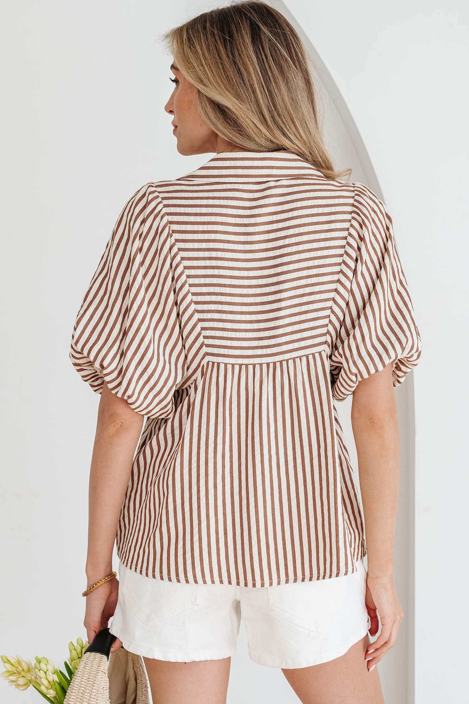 Brown Stripe Shirred V Neck Short Puff Sleeve Blouse - Image 2