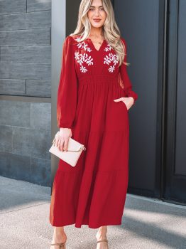 Racing Red Contrast Embroidered Detail Cinched Waist Tiered Long Sleeve Maxi Dress