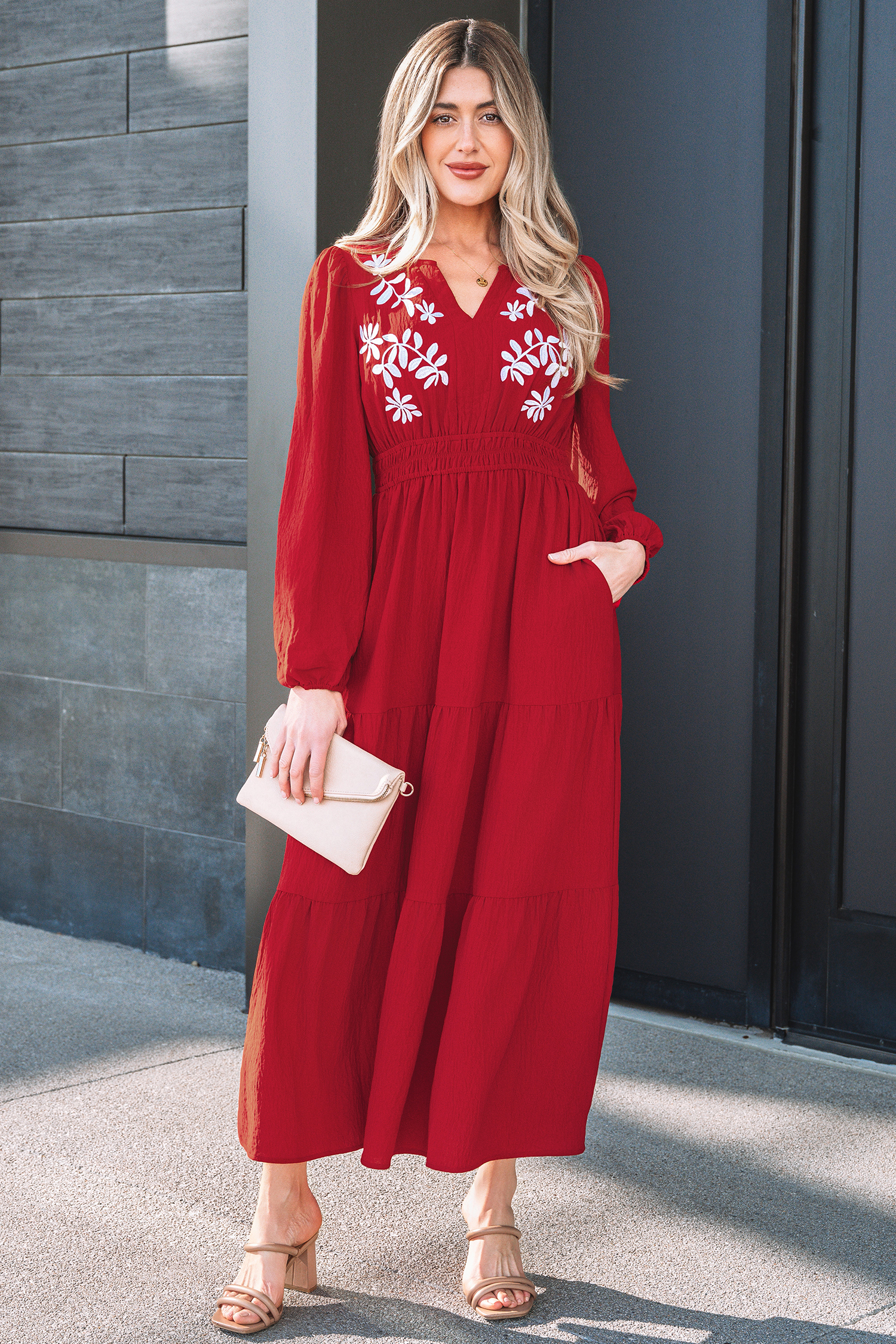 Racing Red Contrast Embroidered Detail Cinched Waist Tiered Long Sleeve Maxi Dress