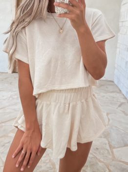 Beige 2pcs Cropped Tee and Ruffle High Waist Skort Set