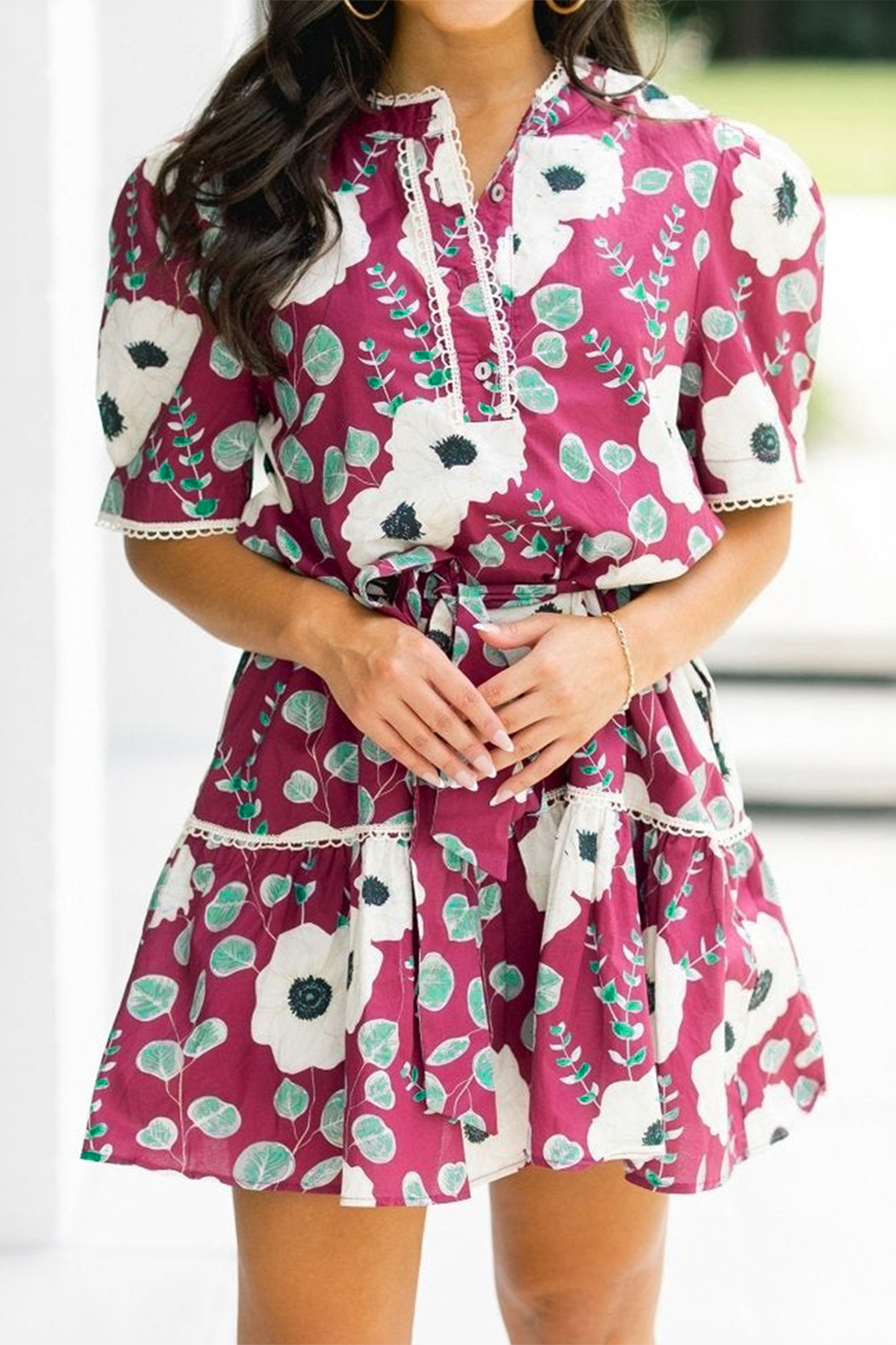 Red Floral Print Trimmed Short Puff Sleeve Mini Dress with Belt - Image 3