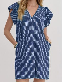 Blue Stripe Textured Knit V Neck Flutter Sleeve Shift Mini Dress