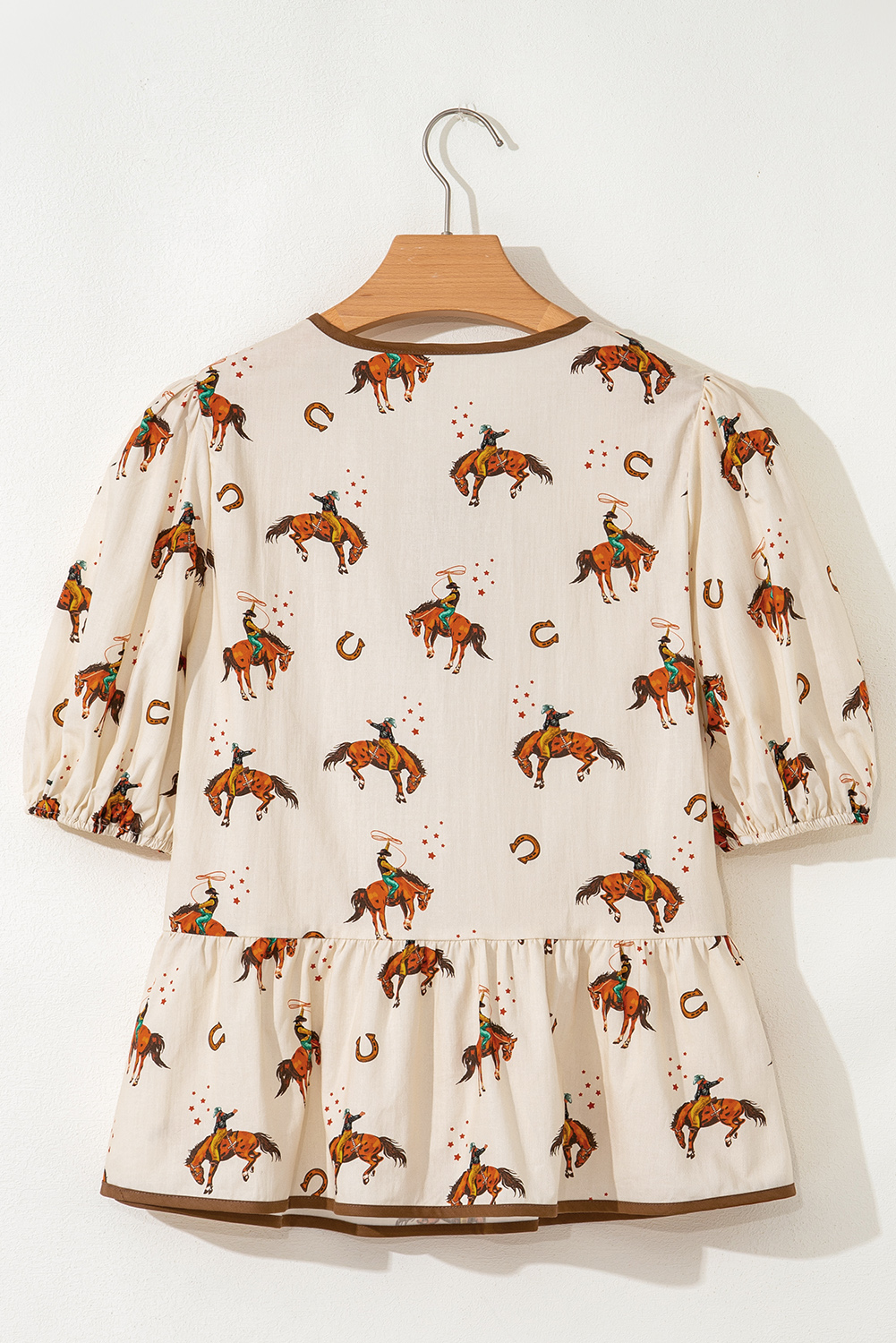 Apricot Cowboy Print Puff Sleeve Bowknot Peplum Blouse - Image 4