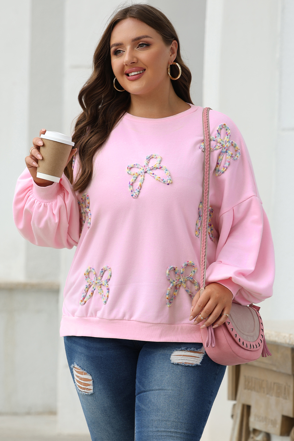 Light Pink Embroidered Bow Lantern Sleeve Oversized Pullover Sweatshirt - Image 2
