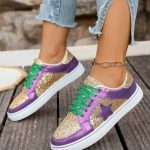 Tillandsia Purple Dearlove Glitter Star Patchwork PU Leather Lace-up Sneakers