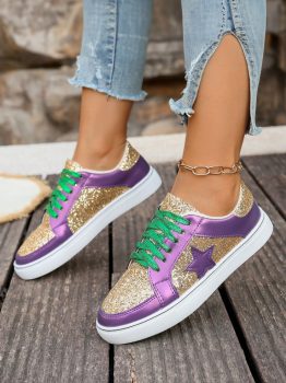 Tillandsia Purple Dearlove Glitter Star Patchwork PU Leather Lace-up Sneakers